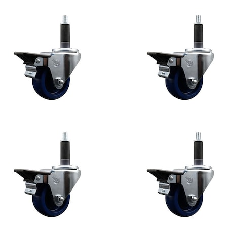 Service Caster 3'' Solid Poly Swivel 1'' Expanding Stem Caster Set with Brake, 4PK SCC-EX20S314-SPUS-PLB-1-4